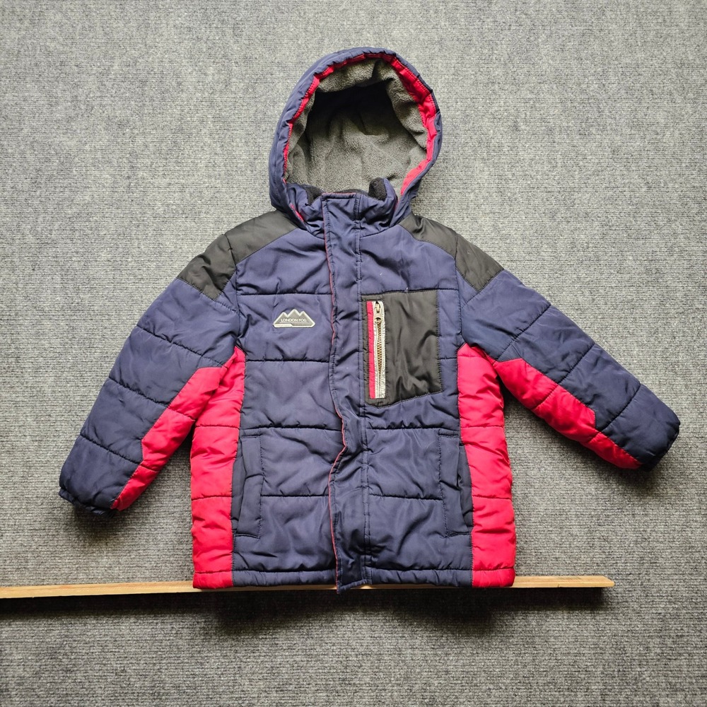 London Fog Boys Navy Blue Red Puffer Jacket Fleece Lined Hooded Coat Size L 7
